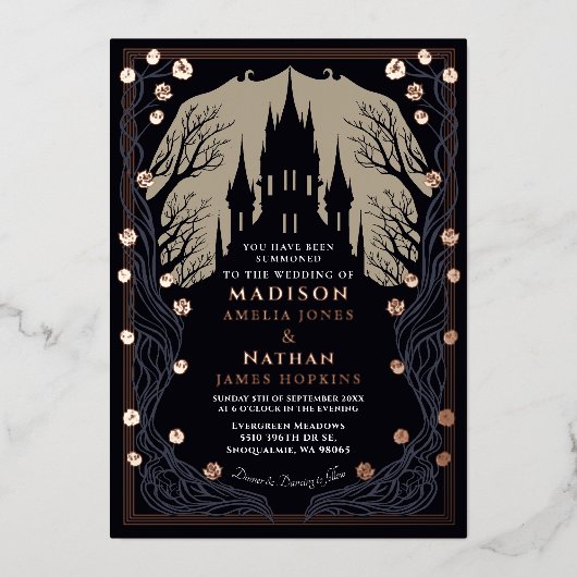 Gothic Castle Floral Halloween Hochzeit Folieneinladung (Vorderseite)