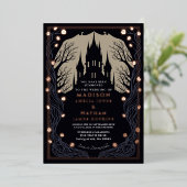 Gothic Castle Floral Halloween Hochzeit Folieneinladung (Stehend vorne)