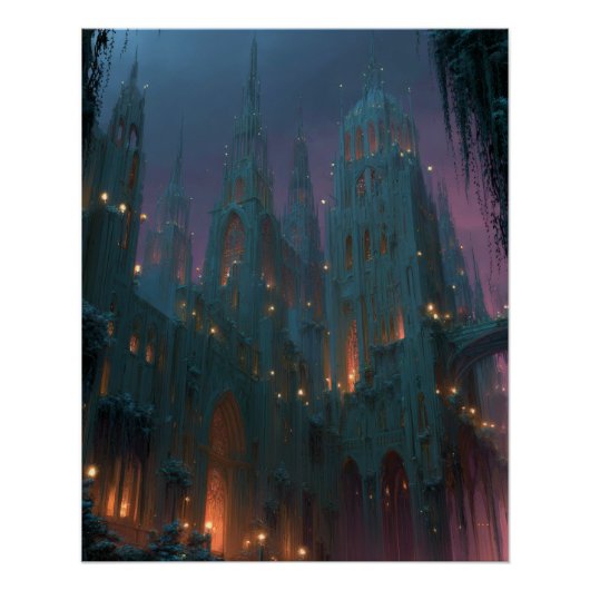 Gothic Castle Under Aurora Fantasy Night Art Poster (Vorderseite)