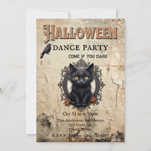 Gothic Cat im Mirror Halloween Dance Party Einladung (Vorderseite)