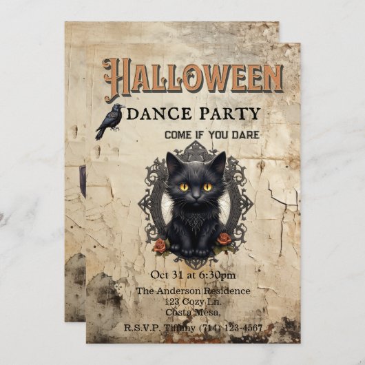 Gothic Cat im Mirror Halloween Dance Party Einladung (Vorne/Hinten)