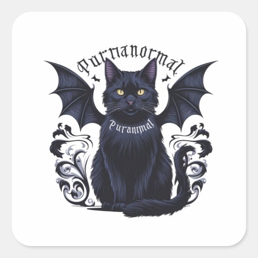 Gothic Cat mit Bat Wings Quadratischer Aufkleber (Vorderseite)