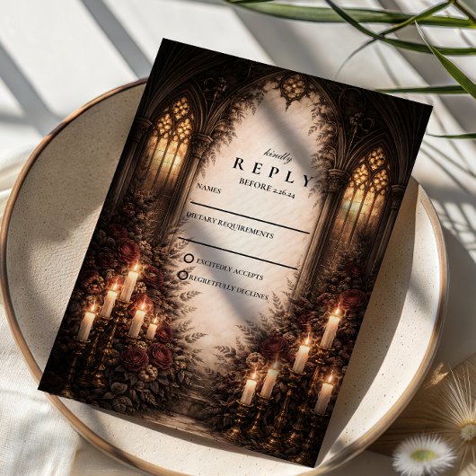 Gothic Cathedral Candlelight Wedding RSVP Karte