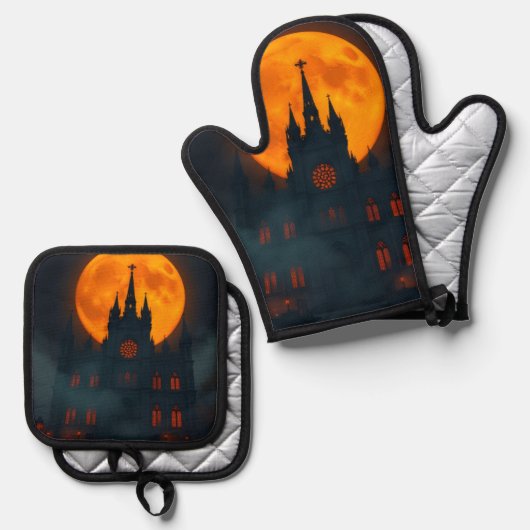 Gothic Cathedral Moon Halloween Mitt Set (Vorderseite/Rückseite)