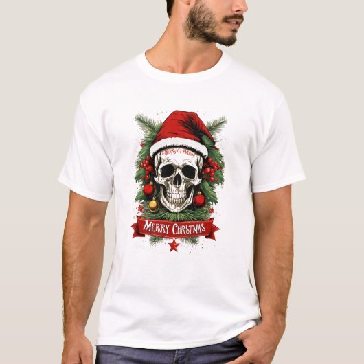 Gothic Cheer: Death Skull Frohe Weihnachten T-Shirt (Vorderseite)