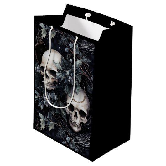 Gothic Christmas Skulls Mittlere Geschenktüte (Rückseite Schrägansicht)