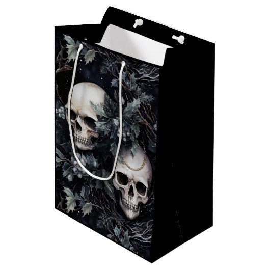Gothic Christmas Skulls Mittlere Geschenktüte (Vorderseite Schrägansicht)
