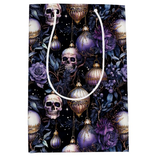 Gothic Christmas Tree Skulls Black & Lila Mittlere Geschenktüte (Vorderseite)