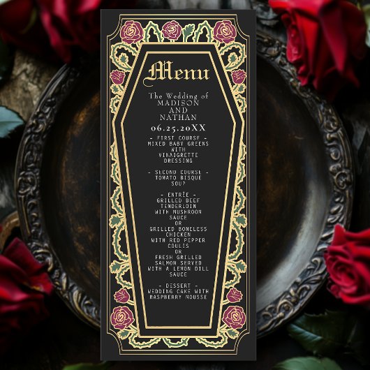 Gothic Coffin Rose Black Wedding Menu Menükarte