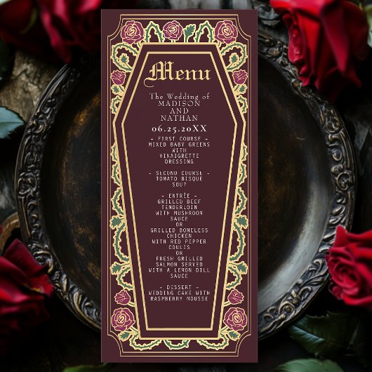 Gothic Coffin Rose Red Wedding Menu Menükarte