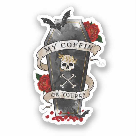 Gothic Coffin & Skull mit Rote Rose Aufkleber (Vorderseite)