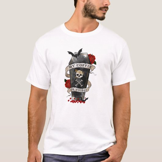 Gothic Coffin & Skull mit Rote Rose T-Shirt (Vorderseite)