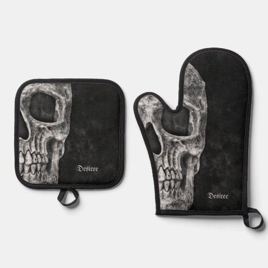 Gothic Cool Half Skull Kopf Schwarz-Weiß-Grunge Ofenhandschuh & Topflappen-Set (Vorderseite)