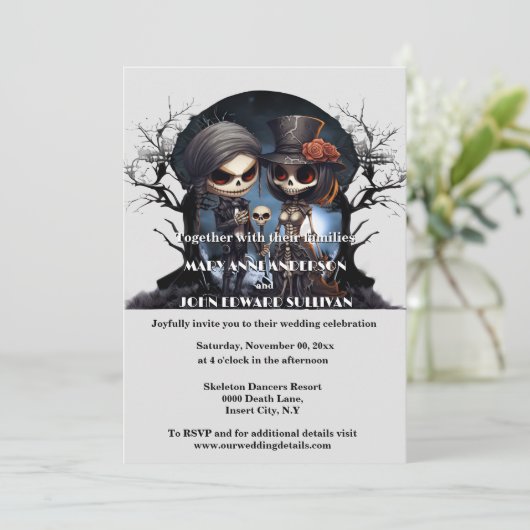 Gothic Corpse Skelett Ehepaar Bräutigam Einladung (Stehend Vorderseite)