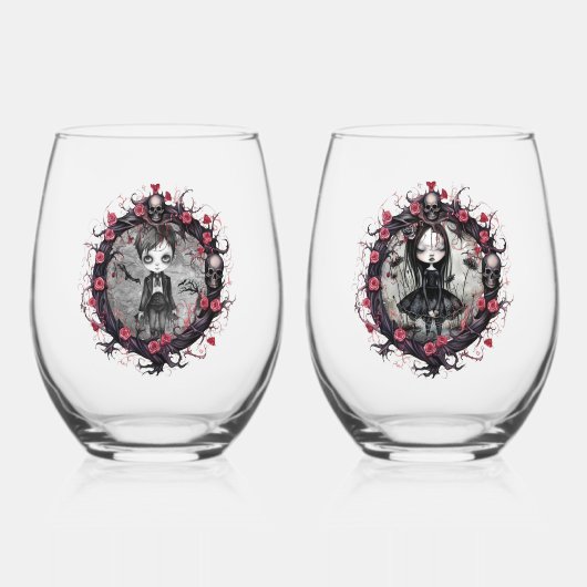 Gothic Couple Skulls und Rose Weinglas Ohne Stiel (Vorderseite)
