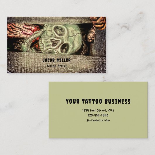 Gothic Creepy Green Skull Head Tattoo Shop Visitenkarte (Vorne/Hinten)