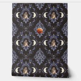 Gothic Crescent Moon Maiden Blue Damask Tapete