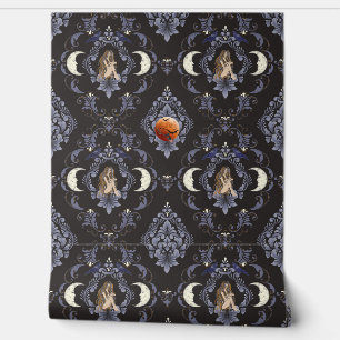 Gothic Crescent Moon Maiden Blue Damask Tapete