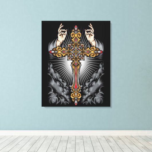 Gothic Cross mit den Händen Leinwanddruck (Insitu (Holzboden))