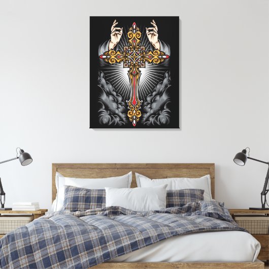 Gothic Cross mit den Händen Leinwanddruck (Insitu (Schlafzimmer))