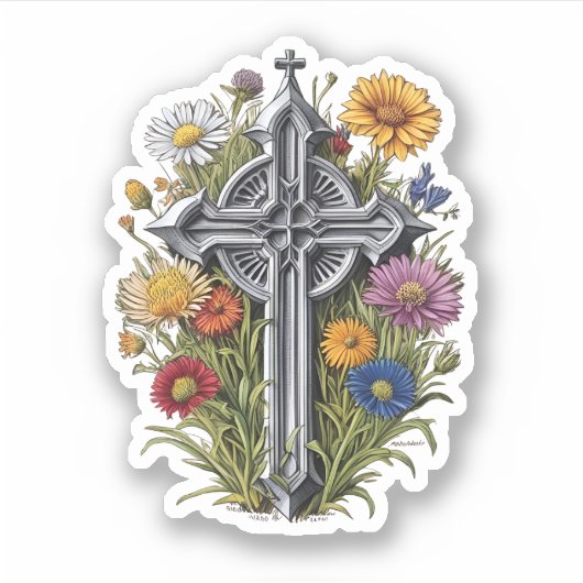 Gothic Cross mit Wildblumen Aufkleber (Vorderseite)