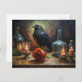 Gothic Crow, Kerzen und Rose Postkarte (Vorne/Hinten)
