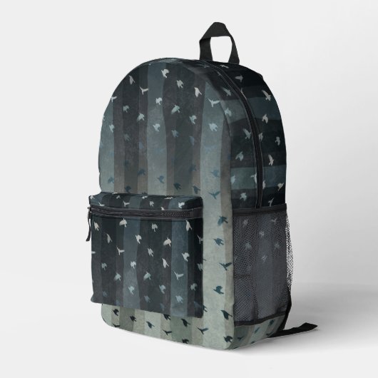 Gothic Crows Flying Silhouette Ombre Stripes Bedruckter Rucksack (Rückseitige Ecke Rechts)