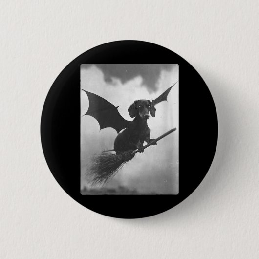 Gothic-Dachshund-Hexe-Besen-Fledermausflügel für D Button (Vorderseite)