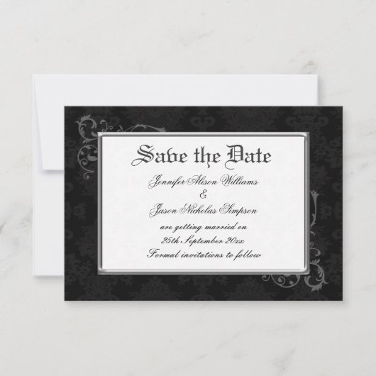 Gothic Damask Save the Date in Schwarz und Weiß (Vorderseite)