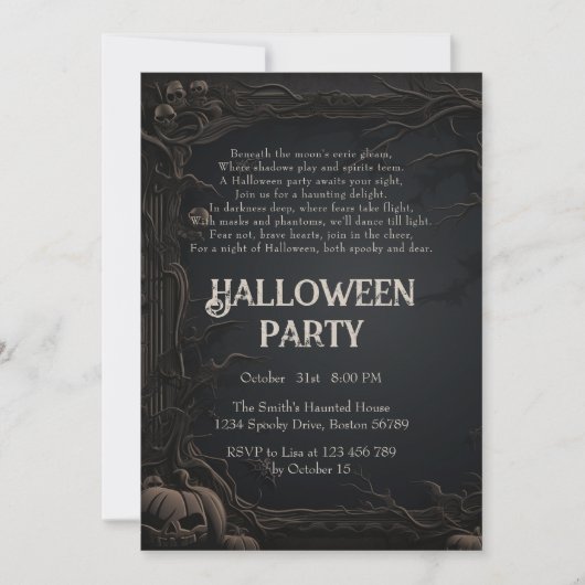 Gothic Dark Carved Trees & Poem Halloween-Party Einladung (Vorderseite)