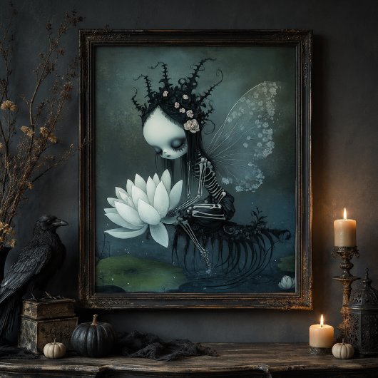 Gothic Dark Fantasy Skeleton Fairy Halloween Art Poster