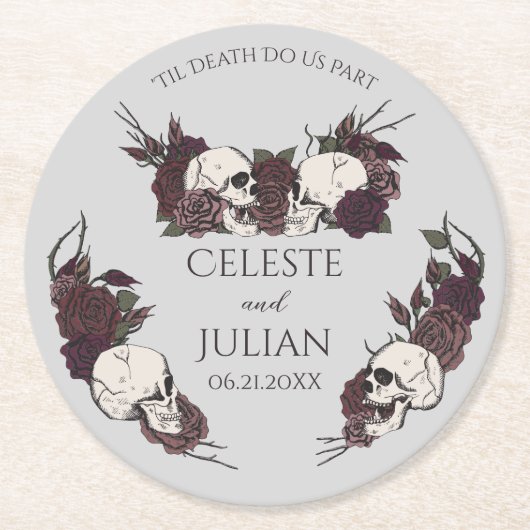 Gothic Dark Floral Til Death Gray Wedding Runder Pappuntersetzer (Vorderseite)