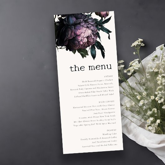 Gothic Dark Lila Black Peony Wedding Menu Card Einladung