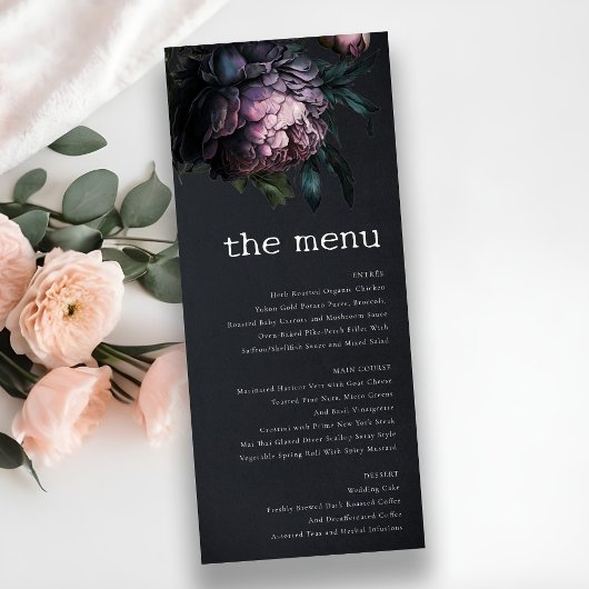 Gothic Dark Lila Black Peony Wedding Menu Card Einladung