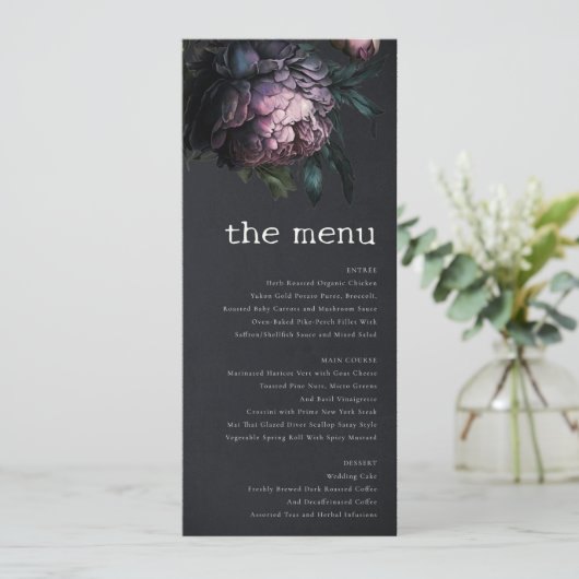 Gothic Dark Lila Black Peony Wedding Menu Card Einladung (Stehend Vorderseite)