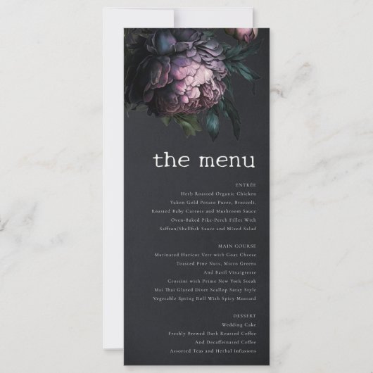 Gothic Dark Lila Black Peony Wedding Menu Card Einladung (Vorderseite)