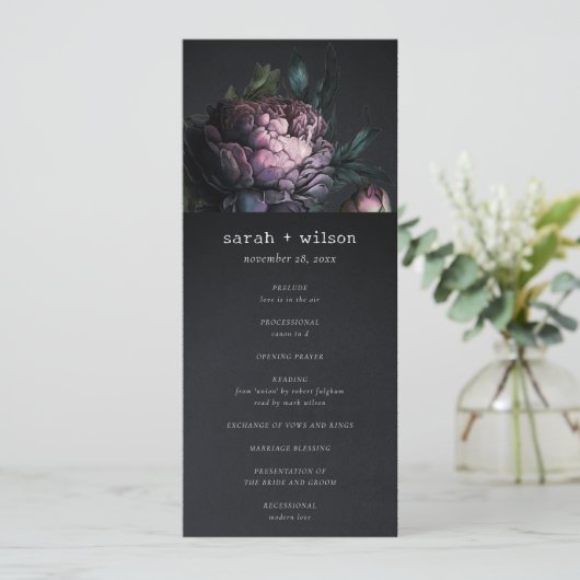 Gothic Dark Lila Black Peony Wedding Program Einladung (Stehend Vorderseite)