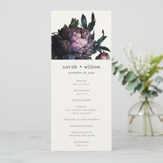 Gothic Dark Lila Black Peony Wedding Program Einladung (Stehend Vorderseite)