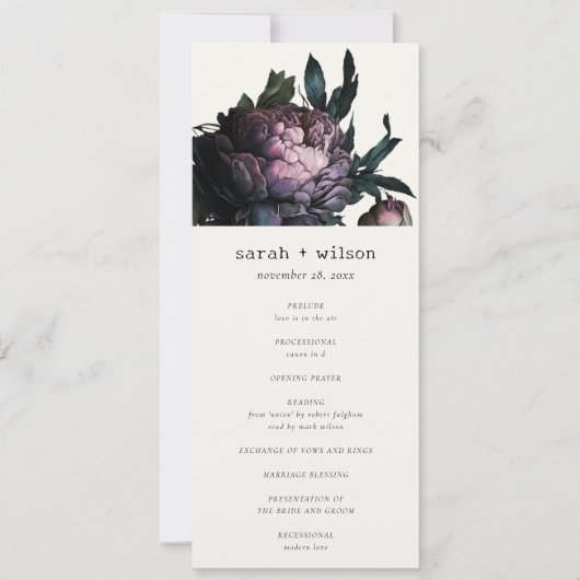 Gothic Dark Lila Black Peony Wedding Program Einladung (Vorderseite)