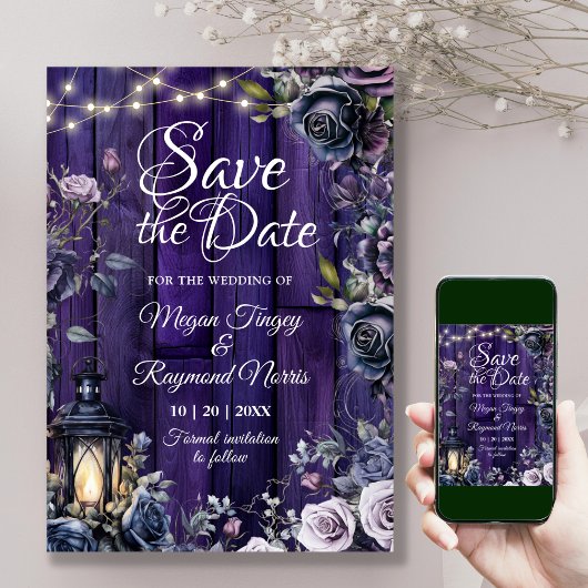 Gothic Dark Lila Floral Rustic Wood Planks Save The Date