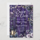 Gothic Dark Lila Floral Rustic Wood Planks Save The Date (Vorderseite)