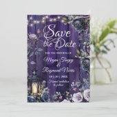 Gothic Dark Lila Floral Rustic Wood Planks Save The Date (Stehend Vorderseite)