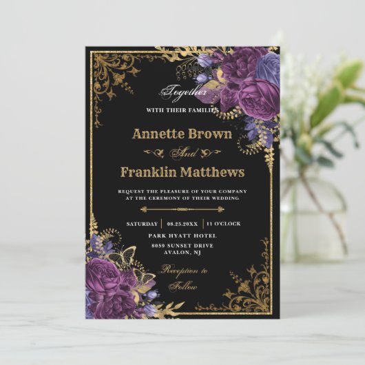 Gothic Dark Lila Floral Verziert Einladung (Stehend Vorderseite)