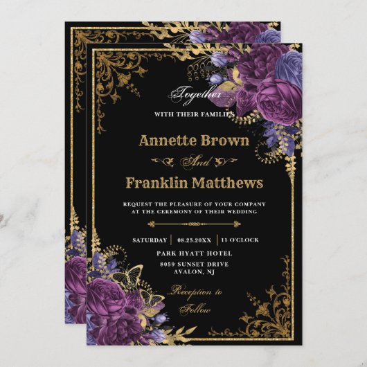 Gothic Dark Lila Floral Verziert Einladung (Vorne/Hinten)