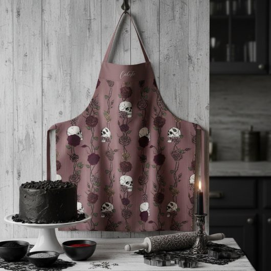 Gothic Dark Mauve Florale Schädel Schürze