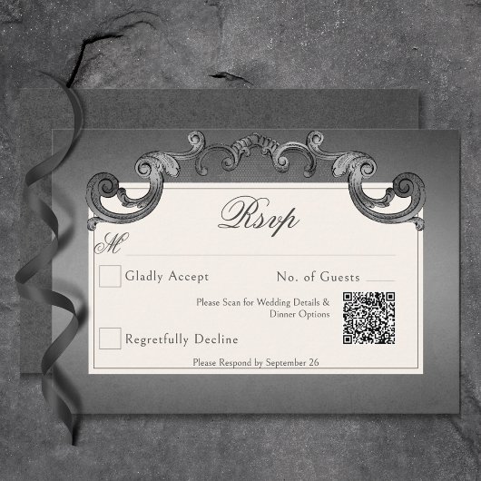 Gothic Dark Skeletts & Rose Heart Wedding QR Code RSVP Karte