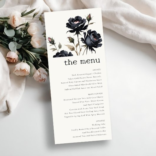 Gothic Dark Watercolor Black Rose Wedding Menu Einladung