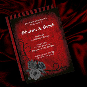 Gothic Deep Red Black Roses Wedding Einladung