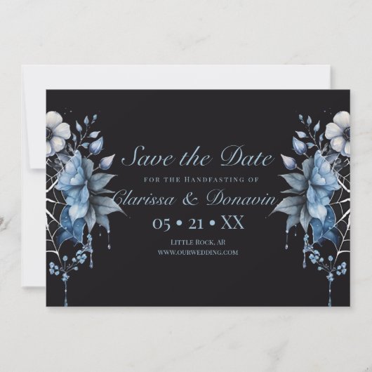 Gothic Dusty Blue Floral Spider Web Handfasts Save The Date (Vorderseite)