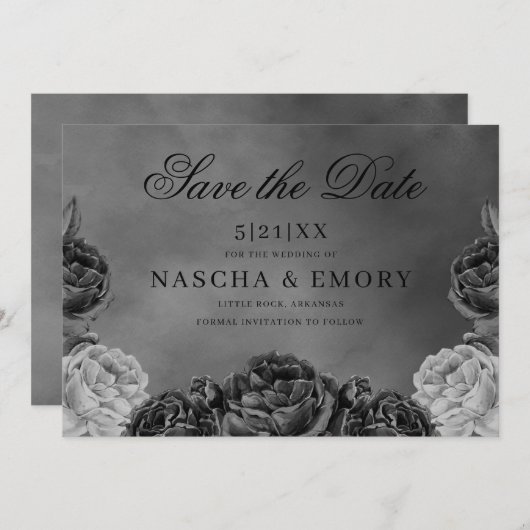Gothic Elegance Gray Monochrome Rose Save the Date (Vorne/Hinten)